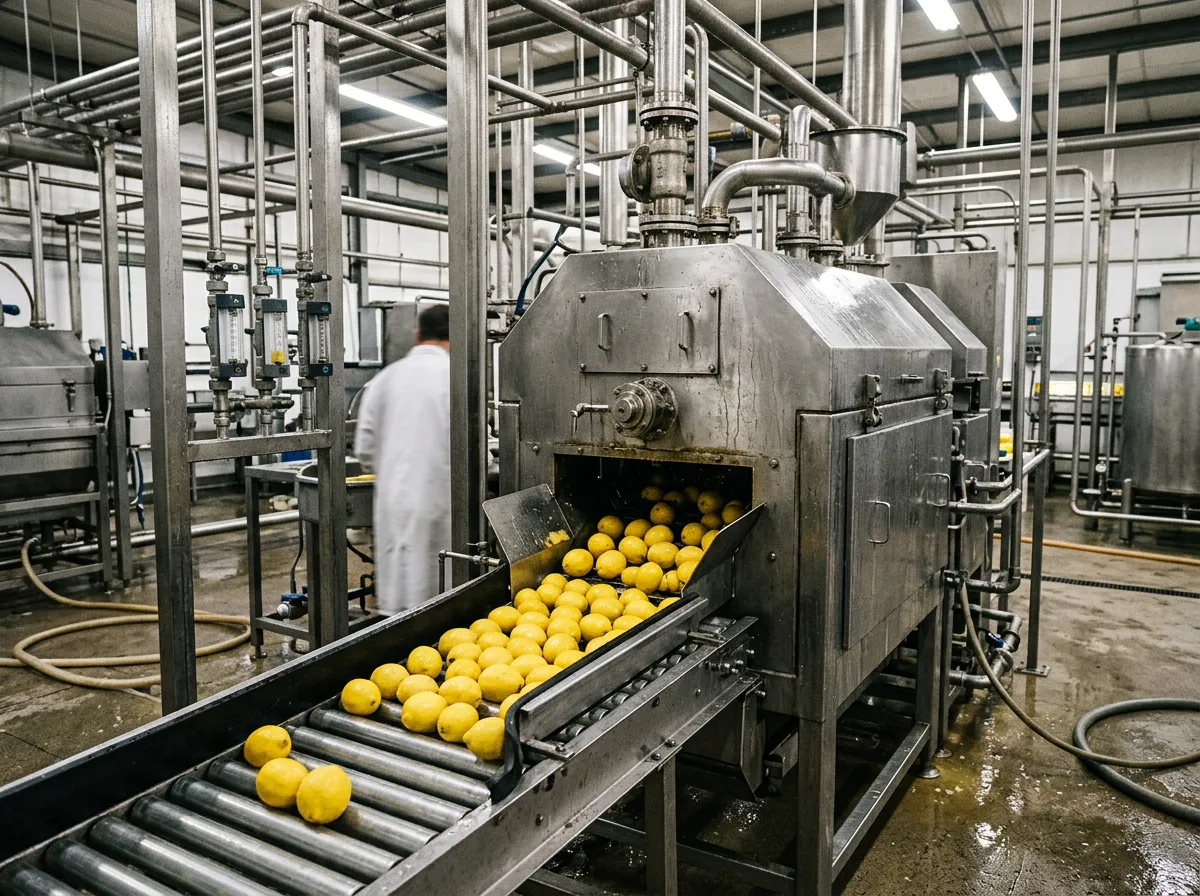 Stainless in-line citrus extraction equipment in a juice plant